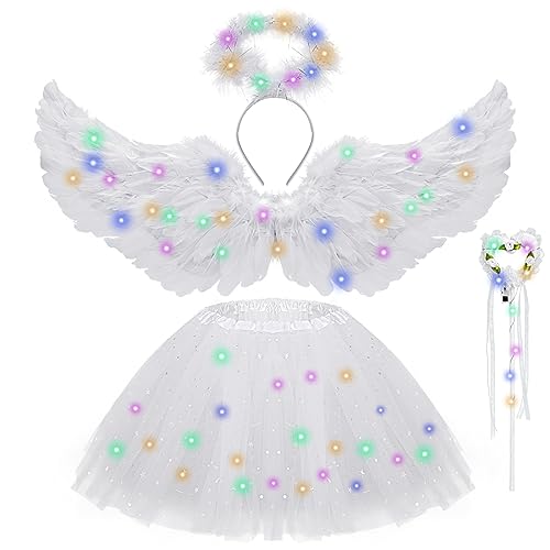 Hifot 4 Stück LED Engel Kostüm Kinder Mädchen, LED Tüllrock Leuchtend Engel Flügel Weiß Engel Haarreif und Zauberstab für Weihnachten Halloween Karneval Party Fasching Kostüme von Hifot