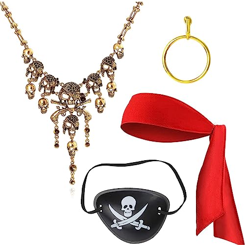 Hifot 4 Stück Piratenkostüm Damen,Piraten Kostüm Zubehör Augenklappe Pirat Kopftuch Halskette Ohrringe Piraten Kostüm Erwachsene für Karneval Verkleidung Cosplay Halloween von Hifot