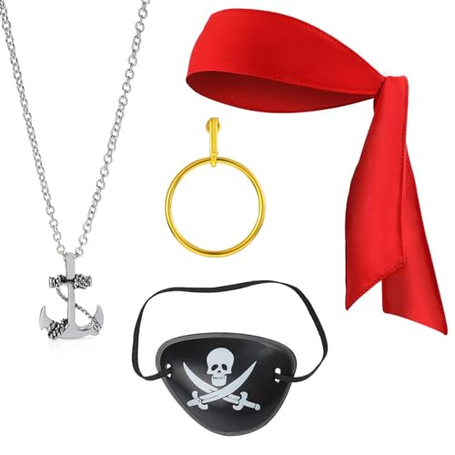 Hifot 4 Stück Piratenkostüm Damen,Piraten Kostüm Zubehör Augenklappe Pirat Kopftuch Halskette Ohrringe Piraten Kostüm Erwachsene für Karneval Verkleidung Cosplay Halloween von Hifot