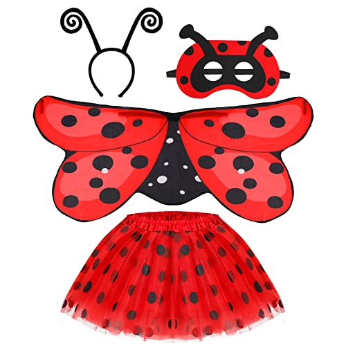 Hifot 4pcs Marienkäfer Kostüm Mädchen,Ladybug Tüllrock, Flügel, Zauberstab und Haarreif für Halloween Karneval Geburtstag Party von Hifot