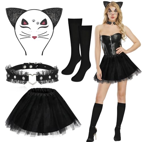 Hifot 5 Stück Katzenkostüm Damen Kinder,Tütü Katzenohren Haarreif Halskette Katzenkralle Handschuhe Kostüm Katze Catwoman Accessoires Halloween Karneval Cosplay Party von Hifot