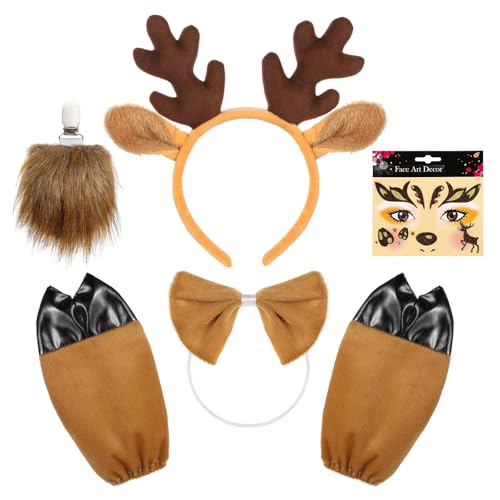Hifot 5 Stück Rentier Kostüm Erwachsene Kinder, Rentier Haarreif Gesichtstattoo Reh Schwanz Fliege Handschuhe Set, Reh Kostüm Damen TierKostüm Zubehör für Halloween Weihnachten Karneval Cosplay Party Hifot 5 Stück Rentier Kostüm Erwachsene Kinder, Rentier Haarreif Gesichtstattoo Reh Schwanz Fliege Handschuhe Set, Reh Kostüm Damen TierKostüm Zubehör für Halloween Weihnachten Karneval Cosplay Party von Hifot