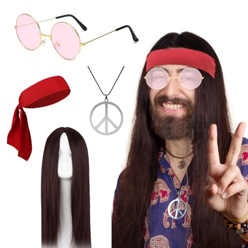 Hifot 5Pcs Hippie Perücke Herren Frauen 70er 80er 90er Jahre Outfit, Peace Kette Hippie Runde Brille Bandanas Rot Punker Kostüm Zubehör 60er Rockstar Perücke Rotbraun Lang Glatt für Cosplay Halloween Hifot 5Pcs Hippie Perücke Herren Frauen 70er 80er 90er Jahre Outfit, Peace Kette Hippie Runde Brille Bandanas Rot Punker Kostüm Zubehör 60er Rockstar Perücke Rotbraun Lang Glatt für Cosplay Halloween von Hifot