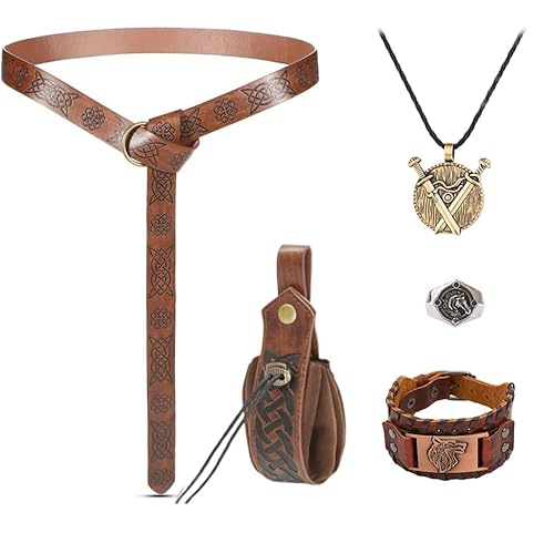 Hifot 5pcs Mittelalter Kleidung Damen Herren GüRteltasche Mittelalter Gürtel Accessoires Set Lederarmband Doppelschwert Halskette Silberring Wikinger Schmuck FüR Renaissance Knight Rider Deko Piraten Hifot 5pcs Mittelalter Kleidung Damen Herren GüRteltasche Mittelalter Gürtel Accessoires Set Lederarmband Doppelschwert Halskette Silberring Wikinger Schmuck FüR Renaissance Knight Rider Deko Piraten von Hifot