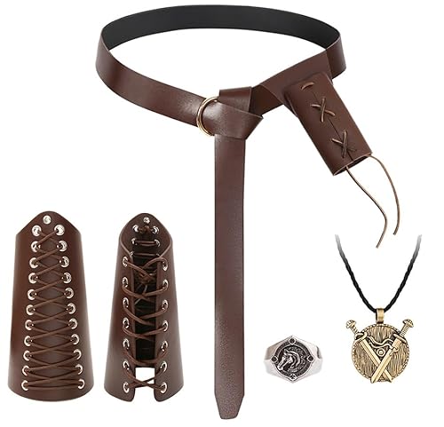 Hifot 5pcs Mittelalter Kleidung Damen Herren Schwert Holster Mittelalter Gürtel Accessoires Set Armschienen Doppelschwert Halskette Silberring Wikinger Schmuck für Renaissance Knight Deko Piraten Hifot 5pcs Mittelalter Kleidung Damen Herren Schwert Holster Mittelalter Gürtel Accessoires Set Armschienen Doppelschwert Halskette Silberring Wikinger Schmuck für Renaissance Knight Deko Piraten von Hifot