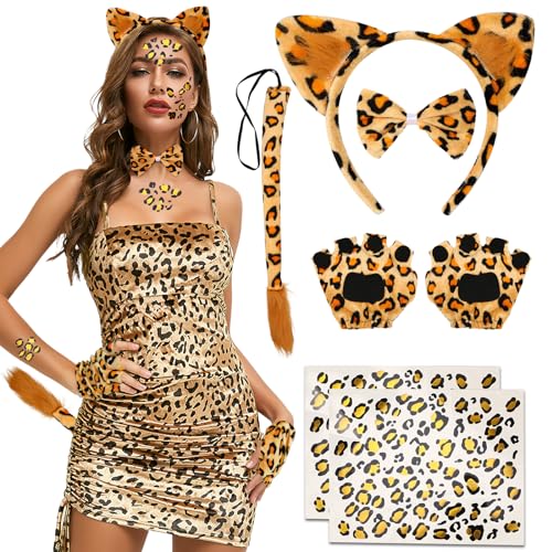 Hifot 7 Stück Leoparden Kostüm Damen Kinder,Katzenohren Haarreif Schwanz Fliege Tattoo Handschuhe Tierkostüm Kostüme Zubehör Fasching Karneval Party von Hifot
