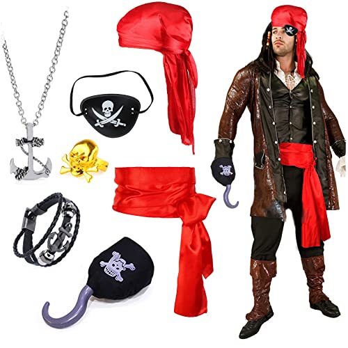 Hifot 7 Stück Kapitän Kostüm Accessoires Set - Piraten Hut, Augenklappe, Kopftuch, Lang Schwanz Kappe Zubehör für Kinder Erwachsene Halloween Party Rollenspiel von Hifot