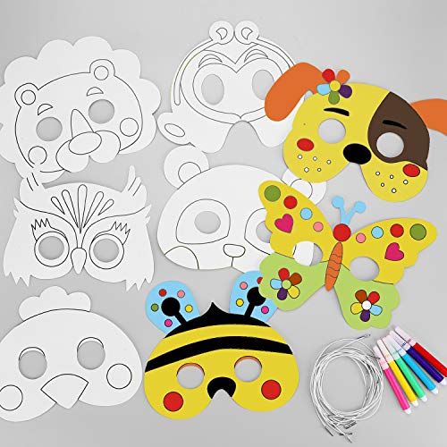 Hifot 8 Pack Masken zum Ausmalen Weiße Kartenaugenmasken Farbe in Tiergesichtsmasken mit elastischem Seil für Kinder zum Basteln oder Dekorieren von Hifot