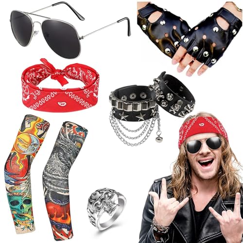Hifot 8 Stück Punk Gothic Rocker Kostüm Zubehör 70er 80er 90er Jahre Gefälscht Temporär Tattoo Ärmel Retro Schwarz Punk Handschuhe Sonnenbrillen Hifot 8 Stück Punk Gothic Rocker Kostüm Zubehör 70er 80er 90er Jahre Gefälscht Temporär Tattoo Ärmel Retro Schwarz Punk Handschuhe Sonnenbrillen von Hifot