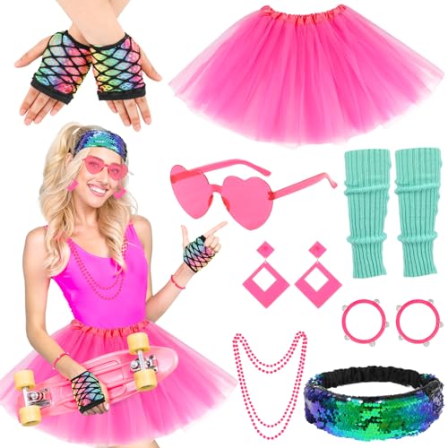 Hifot 80er Jahre Outfit Damen, Neon Tutu, Stirnband, Ohrring, Halskette, Armband, Netzhandschuhe - Accessoires für Neon Thema Party, 90er Karneval Faschingskostüme von Hifot