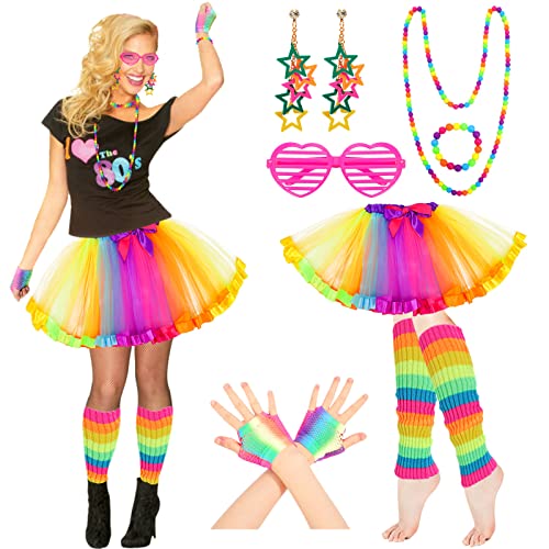 Hifot 80er Jahre Outfit Damen Accessoires,Kostüm 80er Jahre Retro Neon Tutu Brille Netzhandschuhe Ohrring Halskette Armband für 80er 90er Party Faschingskostüme von Hifot