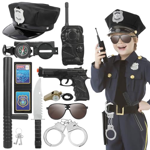 Hifot 9 Stück Polizei Kostüm Kinder, Zubehör Mit Mütze, Handschellen, Abzeichen, Brille, Walkie Talkie, Spielzeug Für Fasching Und Halloween, Jungen Und Mädchen von Hifot