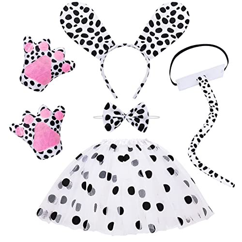 Hifot Dalmatiner Kostüm Kinder Set - Ohren Haarreif, Tüllrock, Schwanz, Handschuhe, Fliege, Selbstklebendes Papier - Tier Halloween Cosplay von Hifot