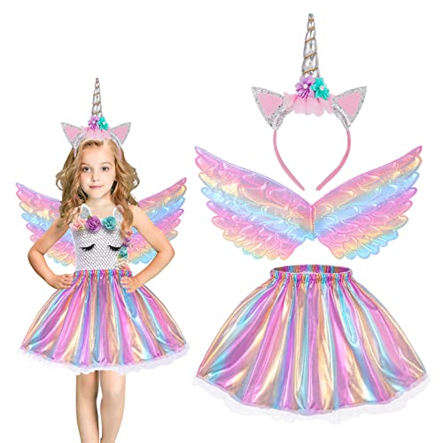 Hifot Einhorn Kostüm Prinzessin Set 3 Stück，Regenbogen Tutu Rock Mädchen Kostüm Tüllrock,Einhorn Haarreif Flügel für Mädchen für Unicorn Cosplay Kindergeburtstag Karneval von Hifot