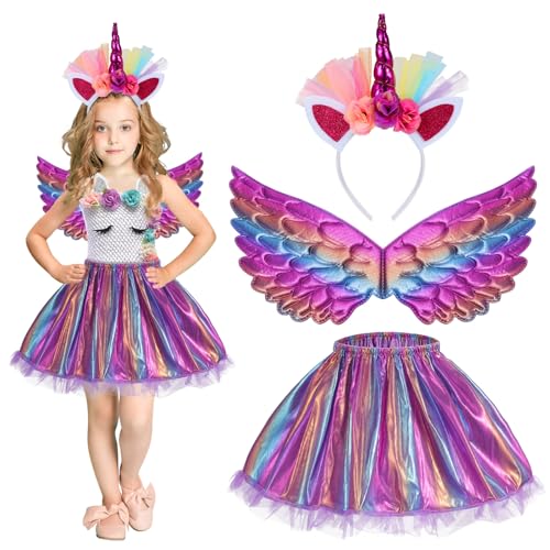 Hifot Einhorn Kostüm Prinzessin Set 3 Stück，Regenbogen Tutu Rock Mädchen Kostüm Tüllrock,Einhorn Haarreif Flügel für Mädchen für Unicorn Cosplay Kindergeburtstag Karneval von Hifot