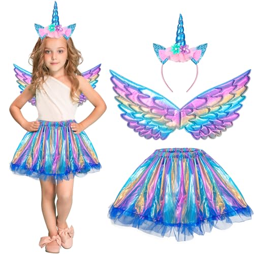 Hifot Einhorn Kostüm Prinzessin Set 3 Stück，Regenbogen Tutu Rock Mädchen Kostüm Tüllrock,Einhorn Haarreif Flügel für Mädchen für Unicorn Cosplay Kindergeburtstag Karneval von Hifot