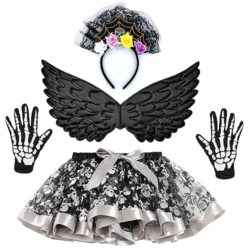 Hifot Halloween Braut Kostüm Kinder,Engelsflügel Schwarz Tüll Rock Skelett Handschuhe Blumenkrone Stirnband Zombie Kostüm Mädchen Halloween Kostüm Kinder Hifot Halloween Braut Kostüm Kinder,Engelsflügel Schwarz Tüll Rock Skelett Handschuhe Blumenkrone Stirnband Zombie Kostüm Mädchen Halloween Kostüm Kinder von Hifot
