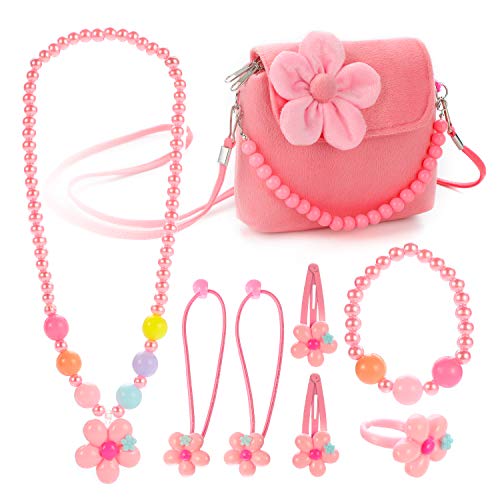 Hifot Kinderschmuck Kleine Mädchen Plüsch-Handtasche Halskette Armband Ring Haar Klammern Einstellen Set, Modeschmuck Party Favors Geschenk zum Anziehen Pretend Play von Hifot