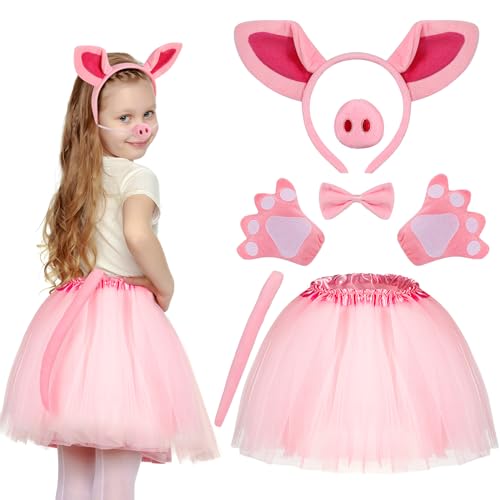 Hifot Kostüm Schwein Set Tutu Rock Schweine Ohren Nase Fliege Schwanz Handschuhe Halloween Kostüme Kinder Mädchen von Hifot