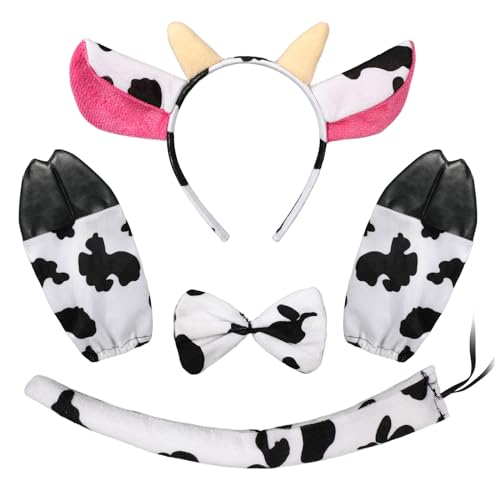 Hifot Kuh Kostüm 5 Stück, Kuh Hörner Ohren Haarreif Fliege Handschuhe Schwanz Set, Kuh Tierkostüm Zubehör, Tier Kostüm Kinder Erwachsene für Halloween Karneval Cosplay Party Geburtstage Weltbuchtag von Hifot