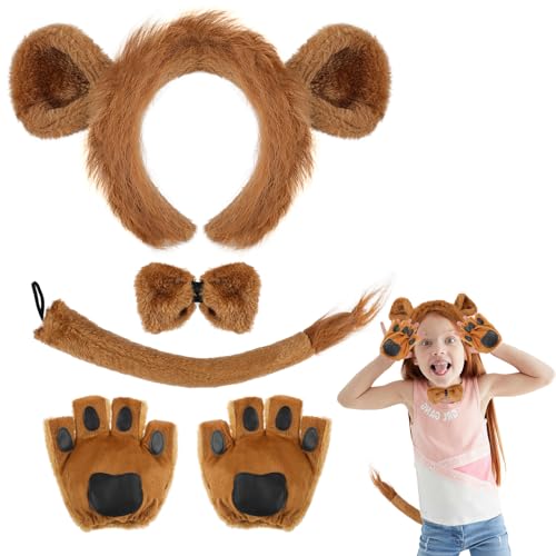 Hifot Löwenkostüm Kinder,Löwen Tierkostüm Schwanz Fliege Löwen Ohren Stirnband Löwen Cosplay Halloween Kostum für Mädchen Damen von Hifot