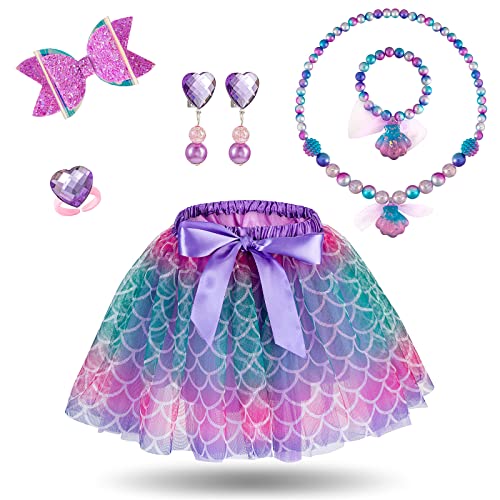 Hifot Meerjungfrau Kostüm Mädchen mit Haarreif Halskette Armband Ohrringe Ring schmuck Set，Tüllrock Kinder Prinzessin Kleid Mädchen für Halloween Karneval Cosplay Geburtstag Party Fasching von Hifot