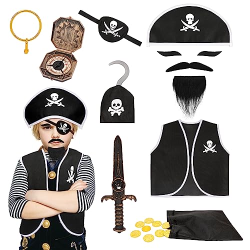 Hifot Piratenkostüm Kinder Junge Mädchen mit Piraten Zubehör Piratenhut Augenklappe Pirat Kompass Ohrring Kapitän Kostüm Piraten Kindergeburtstag Halloween Party Rollenspiel von Hifot