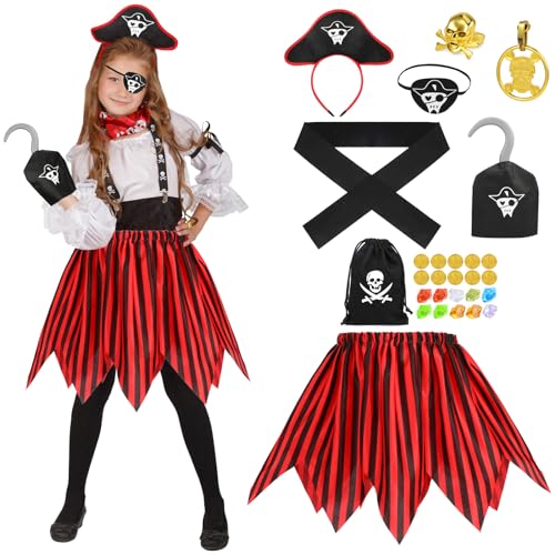 Hifot Piratenkostüm Kinder Mädchen,Piraten Kleid mit Piraten Zubehör Kinder Ohrring Münze Augenklappe Piratenset Piraten Rollenspiel für Karneval Fasching Halloween Piratenparty von Hifot