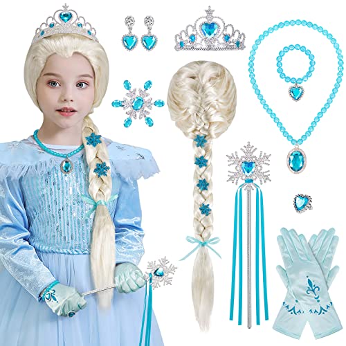 Hifot Prinzessin Kostüm Zubehör Mädchen Elsa Perücke Zopf Prinzessin Krone Zauberstab Handschuhe Halskette Frozen Schmuck für Geburtstage Karneval Cosplay von Hifot