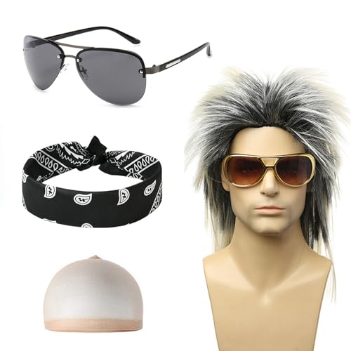 Hifot Punk Vokuhila Perücke Herren Damen 80er Jahre Outfit, Bandanas Schwarz Sonnenbrille, Rocker Perücke Graue 70er 90er Hip Hop Disco Kostüm Accessoires für Cosplay Party Karneval Halloween Hifot Punk Vokuhila Perücke Herren Damen 80er Jahre Outfit, Bandanas Schwarz Sonnenbrille, Rocker Perücke Graue 70er 90er Hip Hop Disco Kostüm Accessoires für Cosplay Party Karneval Halloween von Hifot