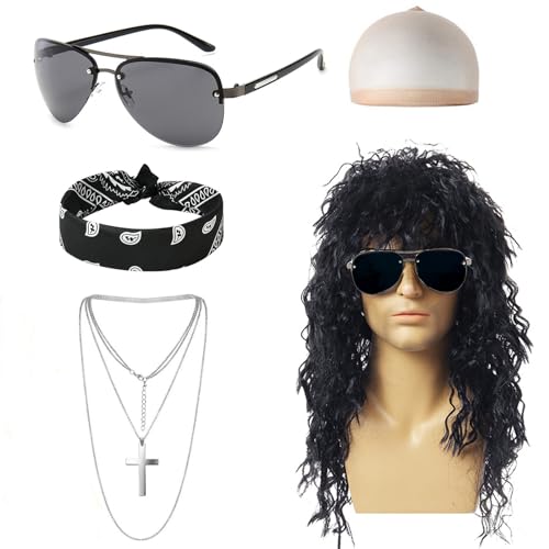 Hifot Rockstar Perücke 70er 80er 90er Jahre Outfit Herren, Kreuz Halskette Bandanas Sonnenbrille Punker Kostüm Zubehör 80s Gothic Rock Kit Perücke Schwarz Locken Disco Kostüm für Cosplay Halloween von Hifot