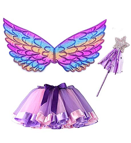 Hifot Schmetterling Kostüm Mädchen - 3-teiliges Mädchen Kostüm Schmetterling mit Tüllrock, Flügel, Zauberstab - Schmetterlingsverkleidungen - Engelsflügel für Mädchen 3-10 Jahre alt von Hifot