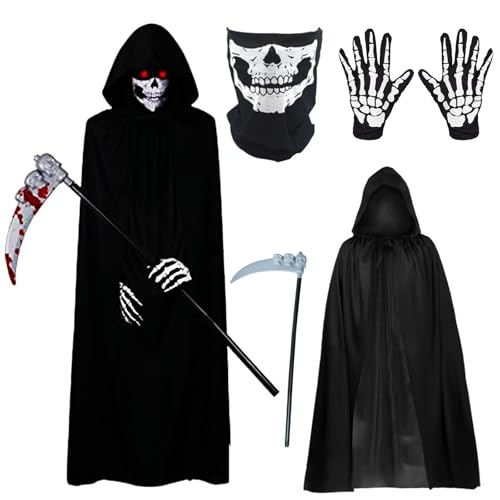 Hifot Sensenmann Kostüm Schwarzer Umhang mit Kapuze Schädelmaske Handschuhen Sense Ghostface Scream Kostüm,Halloween Kostüm Erwachsene Kinder für Halloween Cosplay Party - 140CM Hifot Sensenmann Kostüm Schwarzer Umhang mit Kapuze Schädelmaske Handschuhen Sense Ghostface Scream Kostüm,Halloween Kostüm Erwachsene Kinder für Halloween Cosplay Party - 140CM von Hifot