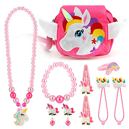 Hifot schmuck Kinder Mädchen Einhorn Handtasche Halskette Armband Ring Haarspangen Haarbänder Set, Prinzessin Kinder Schmuck Geschenk Partyzubehör Gastgeschenke Verkleiden Pretend Play von Hifot