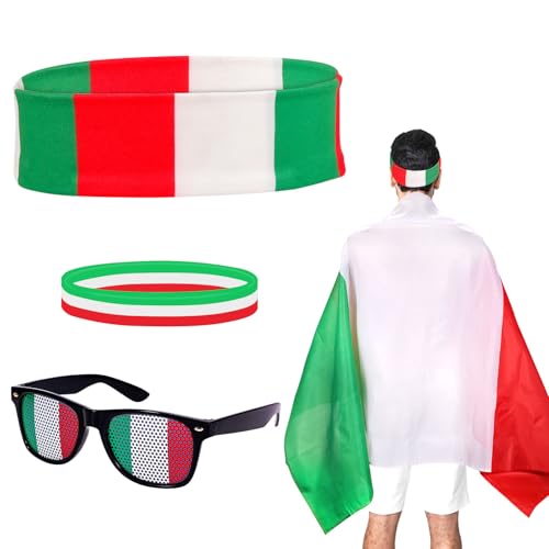 Italien Fahne Umhängen Kostüm Set, Italien Haarreifen Haarreif Armband Spassbrille Italien Brille für Männer Frauen Halloween Karneval Cosplay WM Zelebrieren von Hifot