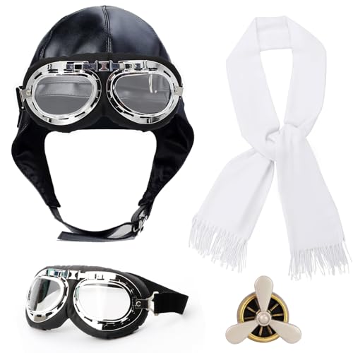 Pilot Kostüm Herren Damen Fliegermütze Schwarz Fliegerbrille Fasching Pilot Hut Brille Set Weißem Schal Flugzeug Brosche Vintage Pilotenmütze für Erwachsene Halloween Karneval von Hifot