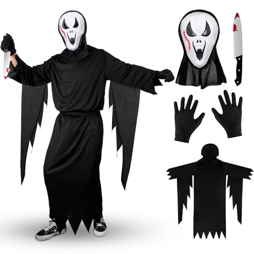 Schwarzer Umhang Gruselige Masken Halloween Kostüm Kinder Spielzeug Messer, EVA Masken Horror Kostüm Erwachsene Halloween Zubehör Damen Schwarze Handschuhe Cosplay Karneval 130cm Schwarzer Umhang Gruselige Masken Halloween Kostüm Kinder Spielzeug Messer, EVA Masken Horror Kostüm Erwachsene Halloween Zubehör Damen Schwarze Handschuhe Cosplay Karneval 130cm von Hifot