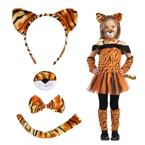 Hifot Tiger Kostüm Kinder, 4 Stücke Tiger Ohren Haarreif Schwanz Nase und Fliege Set, Tiger Tierkostüm Verkleidung für Kinder und Erwachsene für Cosplay Halloween Karneval Geburtstag Party Zubehör von Hifot