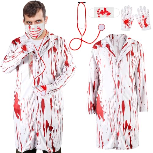Zombie Arzt Kostüm Herren Doktor Gruselig Halloween Kostüm Erwachsene Weiß Blutig Laborkittel Arztkittel, Handschuhe, Masken, Stethoskope ärztin Arztkittel Halloween Zubehör Karneval Fasching Party von Hifot
