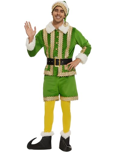 Elfenkostüm für Herren, Deluxe, 6-teilig, Weihnachten, grüner Elfen-Samtanzug, Erwachsenen-Outfit, Weihnachten, Kostümparty, Cosplay-Anzug, Grün , M von Higen