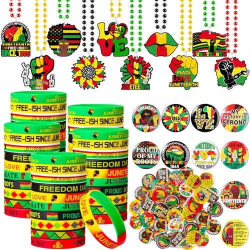 Highergo 150 Stück Juneteenth Party Favors Set 50 Button Pins Badges 50 Perlenketten 50 Silikon Armbänder für Festival Party Supplies von Highergo