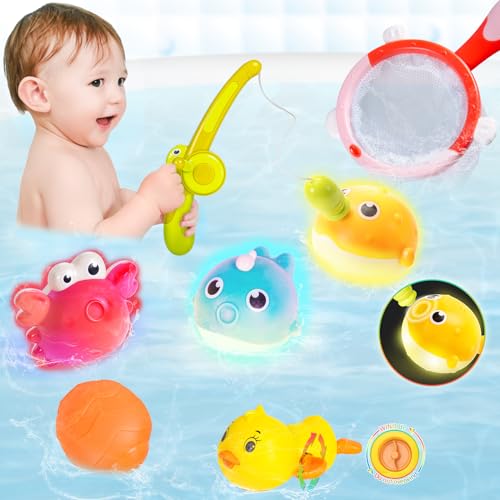 Highttoy Badespielzeug Baby ab 1 Jahr, 7 STK Magnetisches Angelspiel Set mit 3 Leuchtend Angel Badewannenspielzeug/Aufziehbares Schwimmende Ente/Fischernetz/Angelrute/Spritzball Wasserspielzeug Highttoy Badespielzeug Baby ab 1 Jahr, 7 STK Magnetisches Angelspiel Set mit 3 Leuchtend Angel Badewannenspielzeug/Aufziehbares Schwimmende Ente/Fischernetz/Angelrute/Spritzball Wasserspielzeug von Highttoy