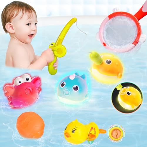 Highttoy Badespielzeug Baby ab 1 Jahr, Magnetisches Angelspiel mit 3 Stück Leuchtend Angel Badewannenspielzeug, Aufziehbares Schwimmende Ente, Fischernetz, Spritzen Ball Wasserspielzeug Baby Kinder von Highttoy