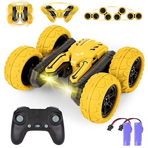 Highttoy Ferngesteuertes Auto, 360° Flip Doppelseitig Stunt Auto Spielzeug ab 5 6 7 8 Jahre Jungen Mädchen Geschenk 2.4GHz 4WD Offroad RC Auto für Kinder mit 2 Akkus, Gelb von Highttoy