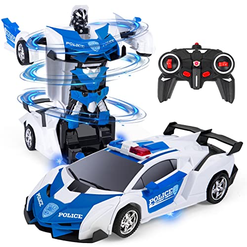 Highttoy Ferngesteuertes Auto für Kinder 3-12 Jahre,Polizeiauto Verformung Roboter RC Auto 360° Drehung Transformator RC Auto Spielzeug für Jungs Mädchen Geschenke 2.4GHz 1:18 Rennwagen Weiß von Highttoy