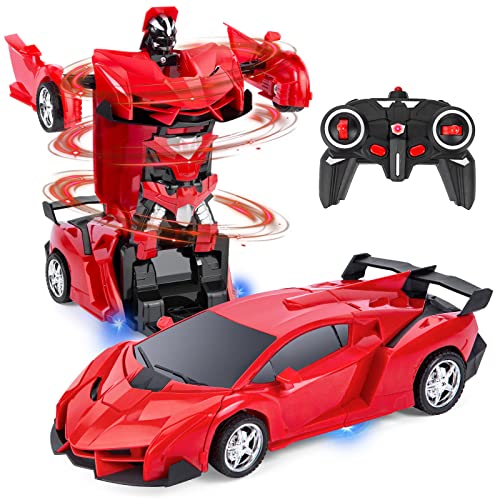 Highttoy Ferngesteuertes Roboter Auto,Transformator Spielzeug für 3-12 Jahre Jungen Mädchen Geschenke 2.4GHz Verformung Roboter RC Auto 360° Drehung 1:18 Elektro RC Rennwagen für Kinder Rot von Highttoy