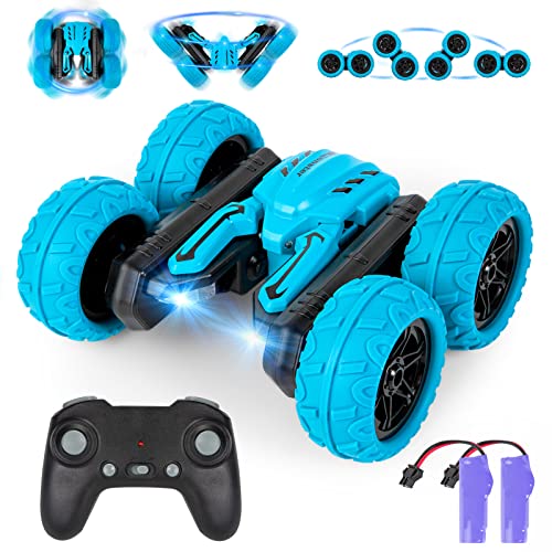 Highttoy Ferngesteuertes Auto Kinder, 360° Flip RC Stunt Auto Spielzeug ab 5 6 7 8 9 10 Jahre Jungen Geschenk 2.4GHz 4WD Doppelseitiges Spielzeugauto mit 2 Akkus Musik Licht, Blau von Highttoy