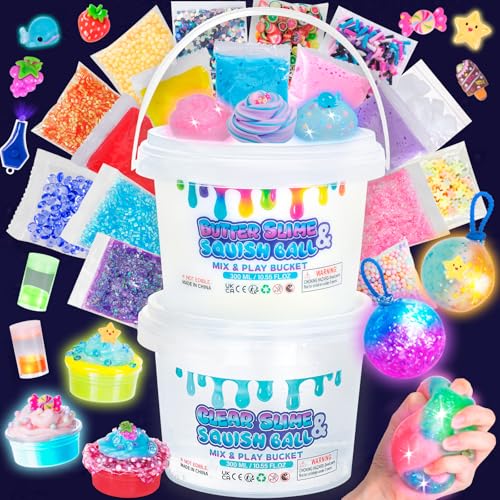 Highttoy Leuchtender Slime & Squishy Selber Machen Set,300ml Clear Slime & 300ml Butter Schleim Kinder Set mit 25 Add-Ins,Stressabbau Sensorik Spielzeug Geschenk für Kinderparty Geburtstag von Highttoy