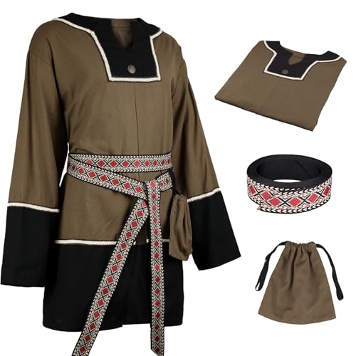 HiiFeuer 3 PCs Mittelalterliche Tunika Set, Renaissance Patchwork Top Kostüm Schärpe Gürtel Drawstring Canvas Tasche Piratenhemd Ren Faire(Braun XL) von HiiFeuer
