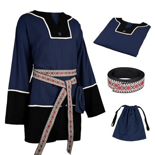 HiiFeuer 3-teiliges Mittelalter-Tunika-Set, Renaissance-Patchwork-Top-Kostüm, Schärpe, Gürtel, Kordelzug, Segeltuch, Tasche, Piratenhemd, Ren Faire, Blau, L HiiFeuer 3-teiliges Mittelalter-Tunika-Set, Renaissance-Patchwork-Top-Kostüm, Schärpe, Gürtel, Kordelzug, Segeltuch, Tasche, Piratenhemd, Ren Faire, Blau, L von HiiFeuer